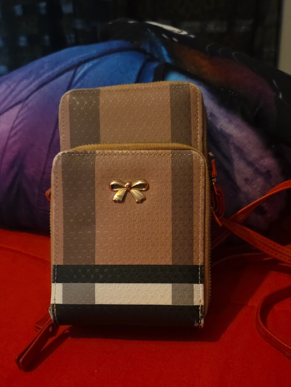 Women's Crossbody Wallet Purse - Pink Stripe with Gold Bow